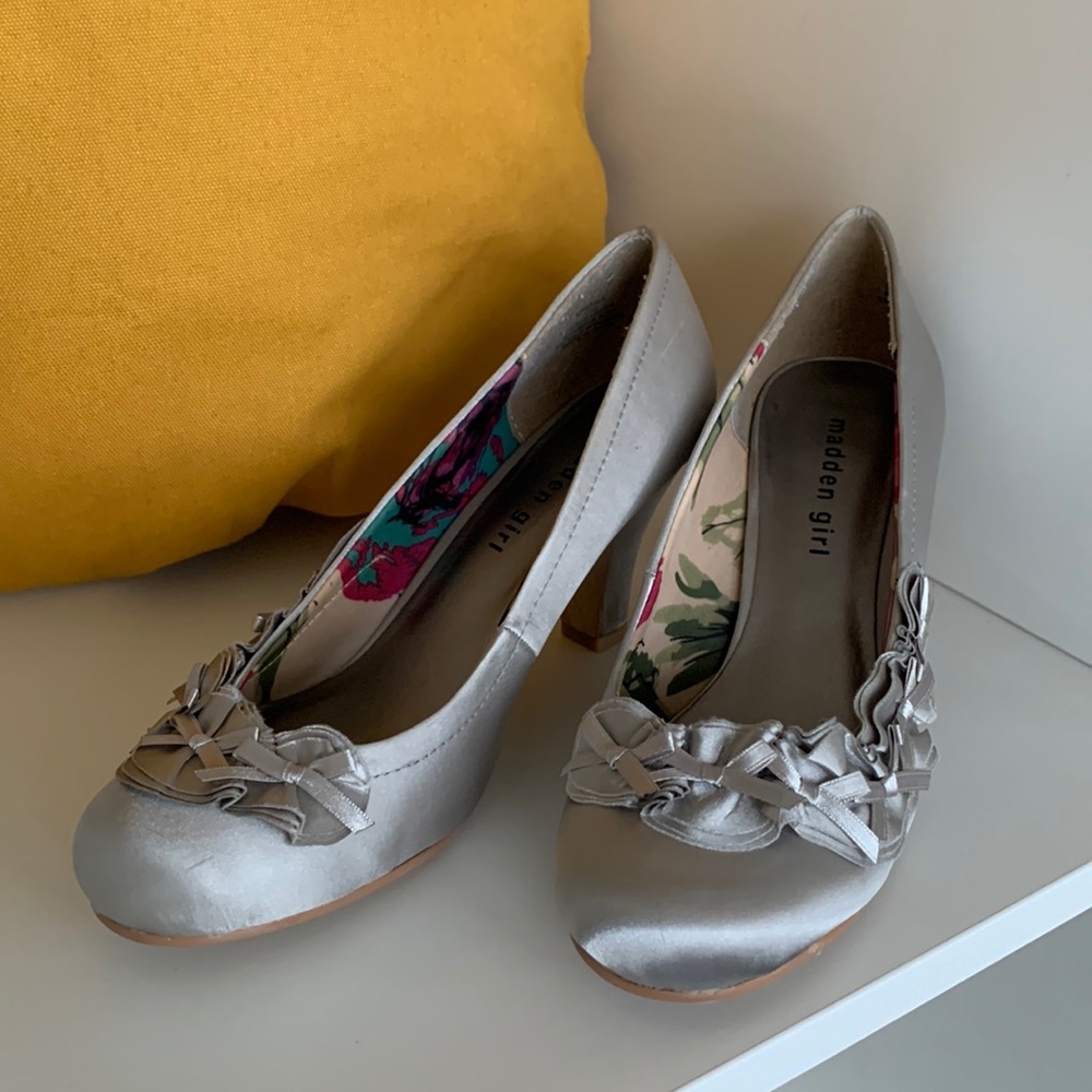 Madden Girl - silver satin pumps, size 7.5, 2.5” heel, worn once